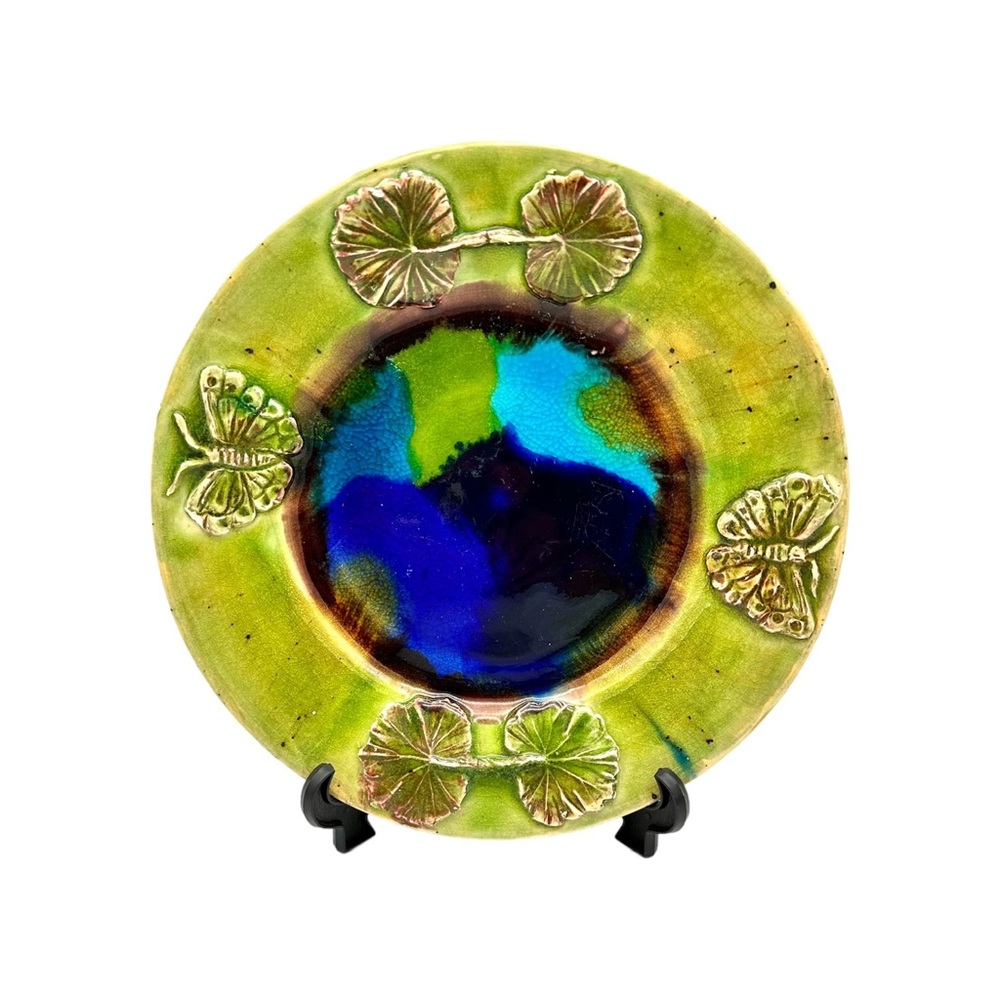Studio Pottery Butterflies & Leaves Majolica Decorative Plate Green & Blue